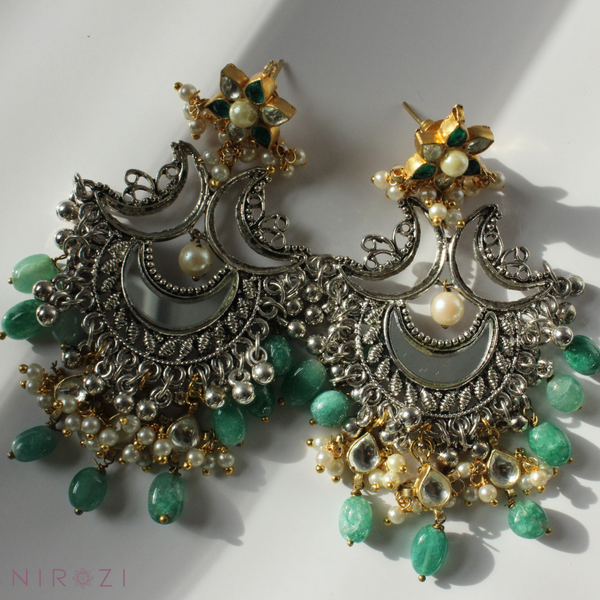 Fusion pair of earrings. A timeless piece with the fusion of kundan, german silver and glass beads. Earrings are brass based, stones are set in silver foil and 18kt gold plated. handcrafted jewelry. 