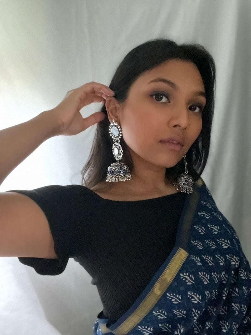 Layered jhumka with real glass mirrors. Add some glam to your simple outfit with this stunning pair of earrings. high quality affordable oxidized jewelry. desi jewelry for everyone.