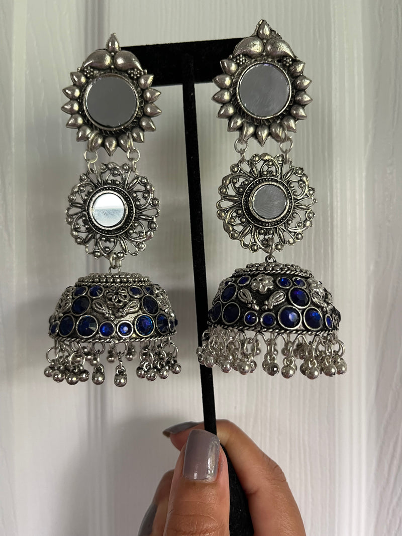 Layered jhumka with real glass mirrors. Add some glam to your simple outfit with this stunning pair of earrings. high quality affordable oxidized jewelry. desi jewelry for everyone.