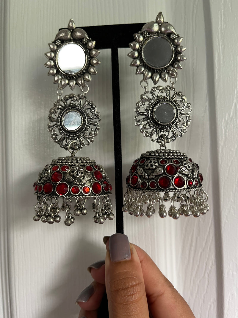 Layered jhumka with real glass mirrors. Add some glam to your simple outfit with this stunning pair of earrings. high quality affordable oxidized jewelry. desi jewelry for everyone.