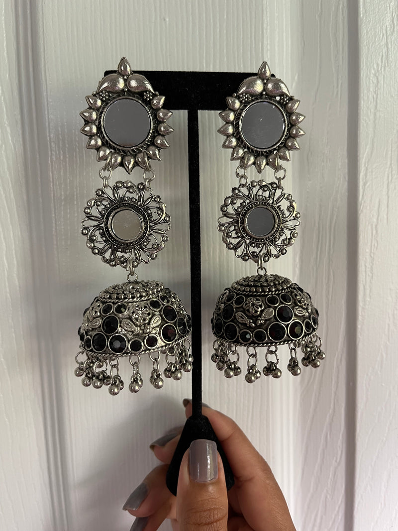 Layered jhumka with real glass mirrors. Add some glam to your simple outfit with this stunning pair of earrings. high quality affordable oxidized jewelry. desi jewelry for everyone.