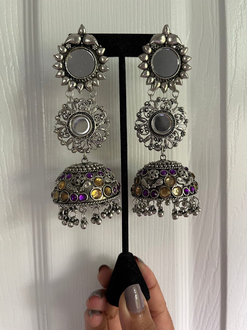 Layered jhumka with real glass mirrors. Add some glam to your simple outfit with this stunning pair of earrings. high quality affordable oxidized jewelry. desi jewelry for everyone.