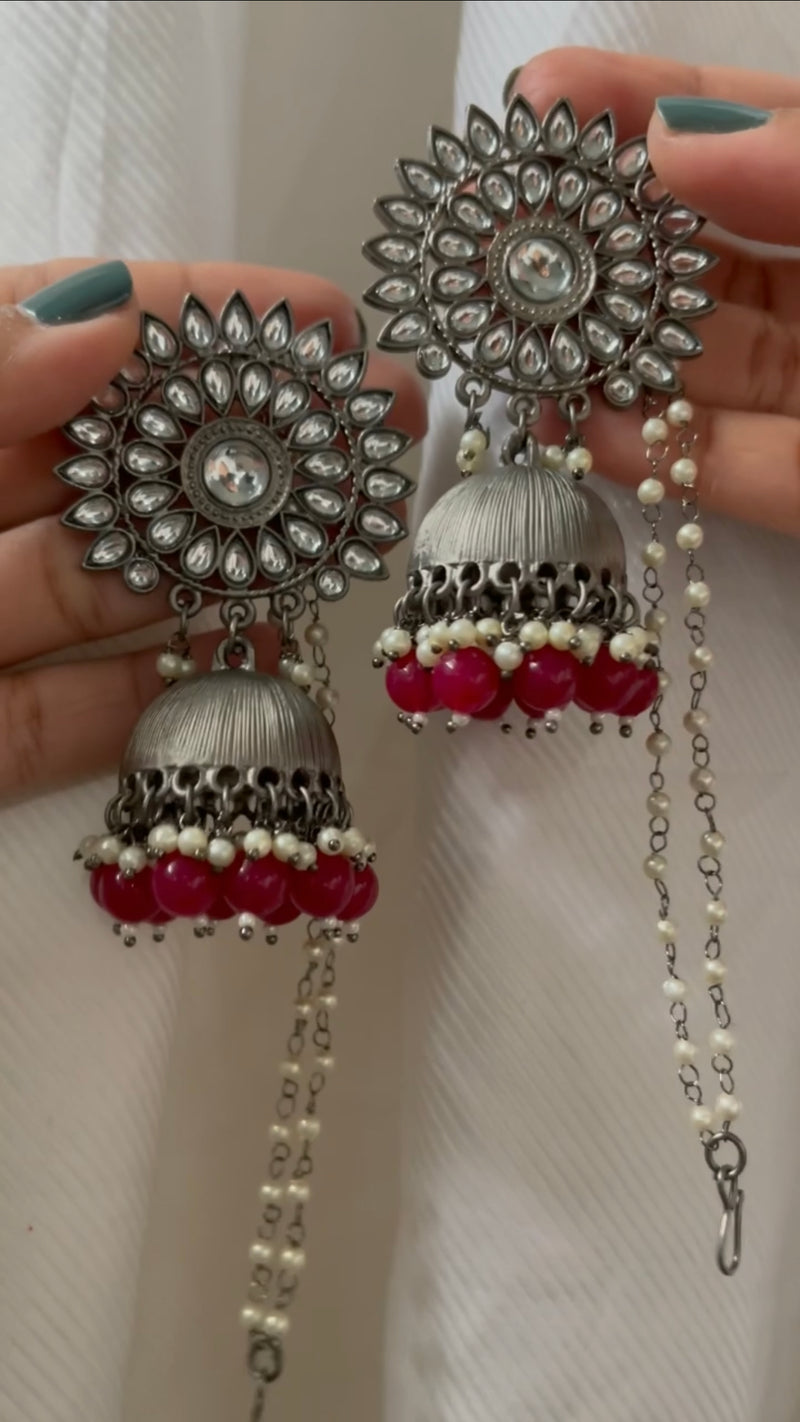 Hand-crafted black metal earrings with detachable pearl chain. Available in fun and vibrant colors. Perfect for a simple day-time look. Perfect bridesmaid jewelry and mehndi favors.