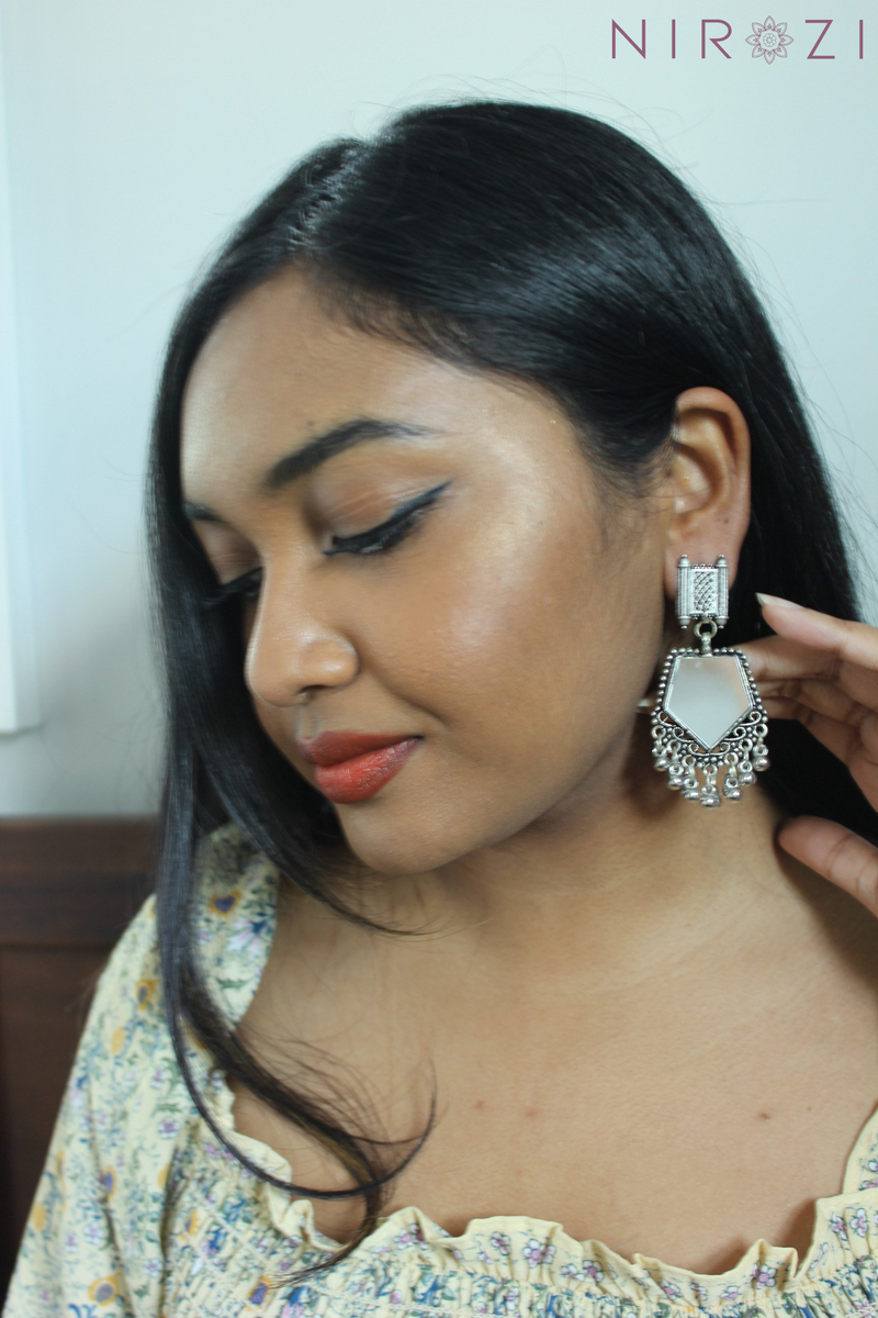 Hand-crafted real glass mirror earrings. Glass mirror jhumka earrings for fun and glamour. Lightweight earrings.